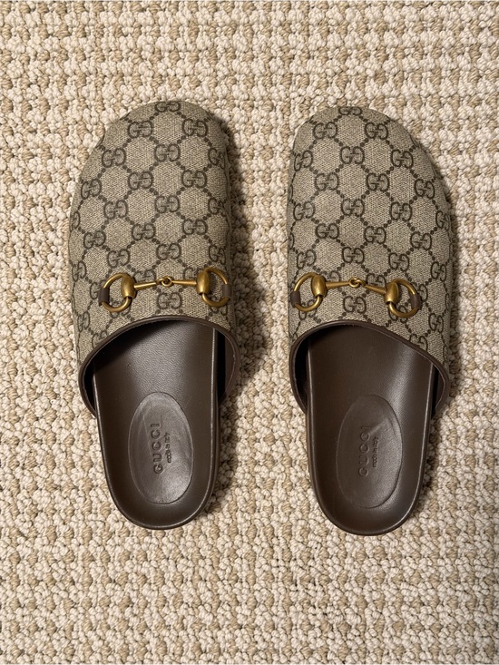Gucci Shoes - Gucci Beige/Brown GG Canvas Horsebit Slip-On Mules